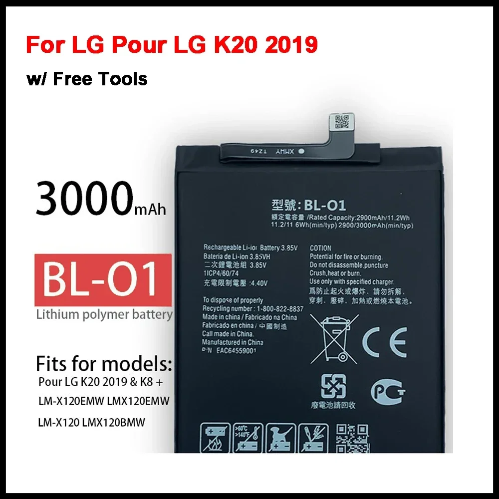 

New 3000mAh 3.85V BL-01 BL-O1 Battery for LG K20 2019 / K8 + LG Pour LM-X120EMW LMX120BMW Mobile Phone Battery + Tools