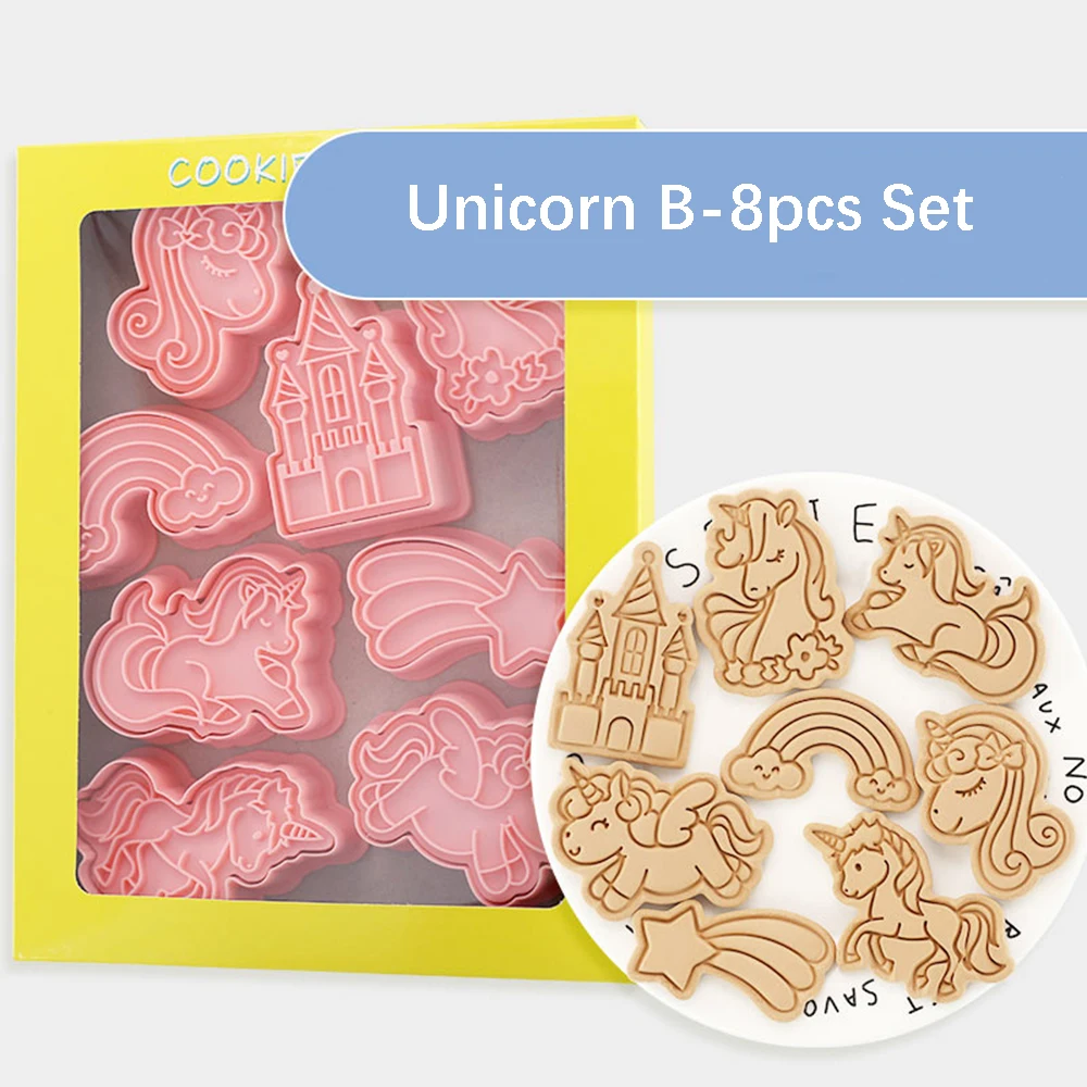 8-teiliges Set 3D-Keksausstecher aus Kunststoff, Niedliche Cartoon-Keksformen, Stempel, Keksausstecher, DIY-Backwerkzeuge, Küchen- und Konditoreizubehör – Detail 2