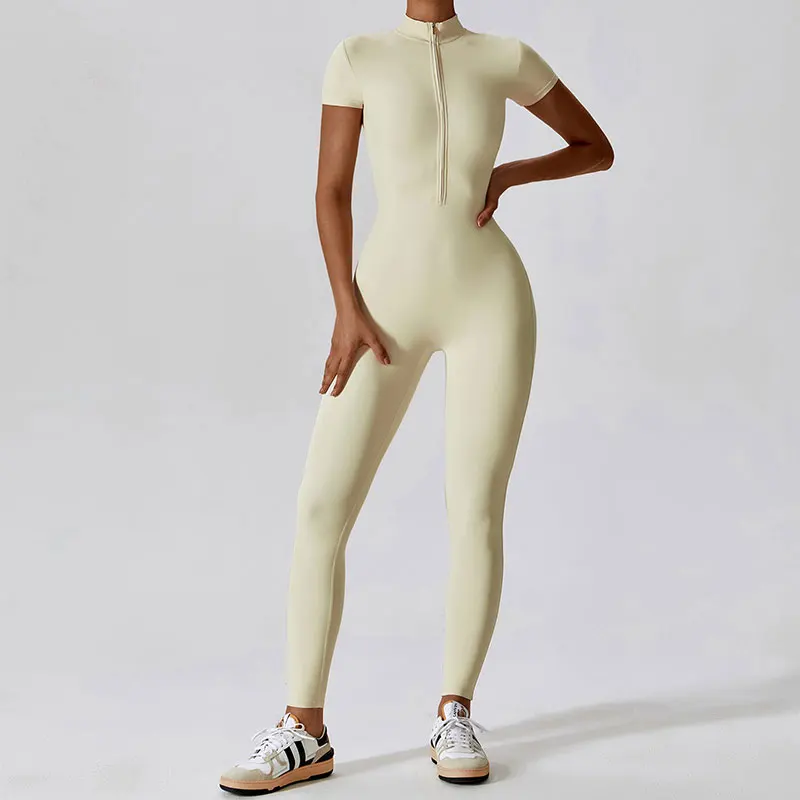 Summer Short Sleeved Zippering One-Piece Yoga Suit Dance Fitness Workout Set