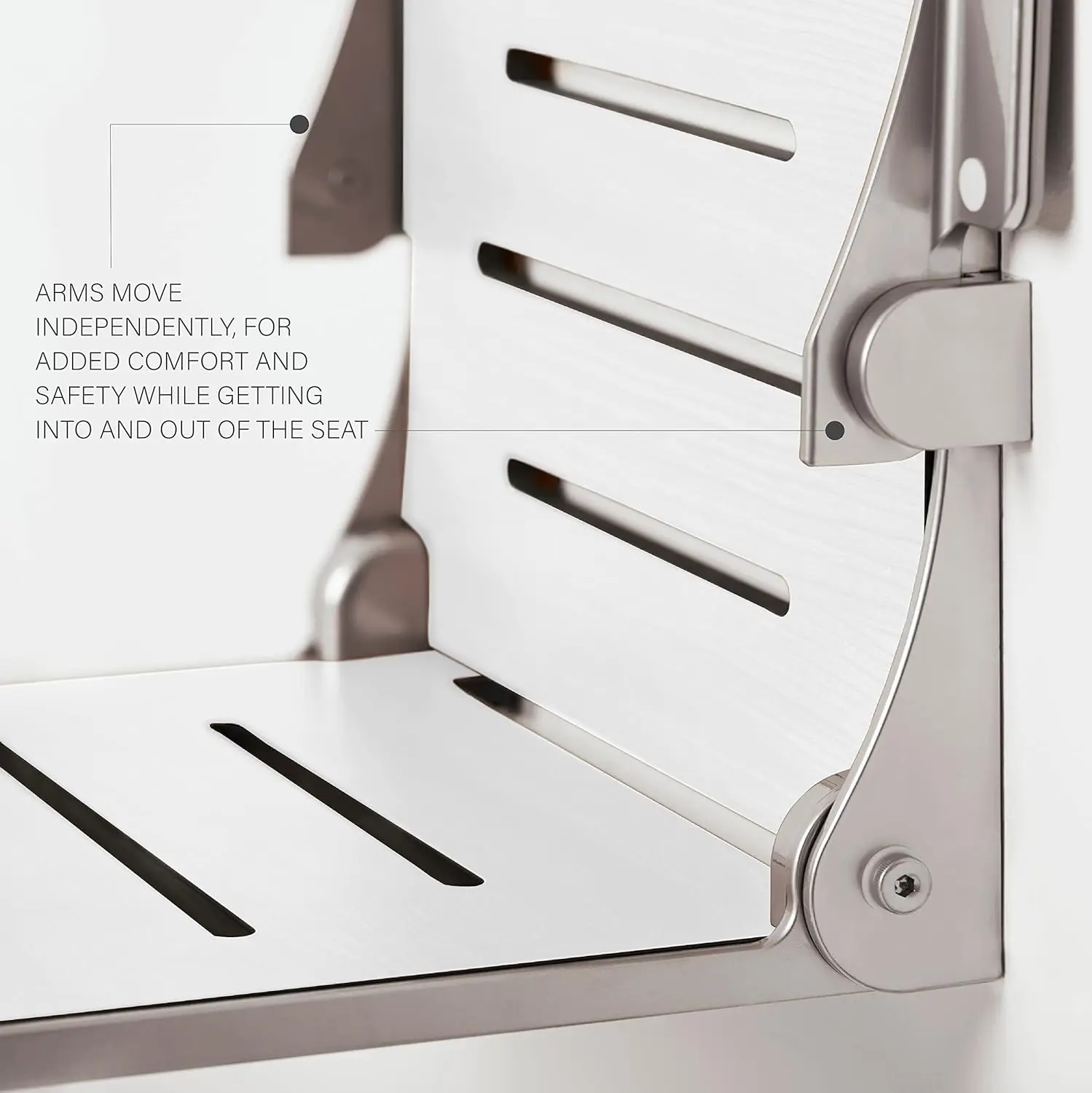 Silhouette Comfort Folding Wall Mount Shower Bench Seat with Arms White Seat with Silver Frame 16"D x 20.94"W x 12.75"H 6