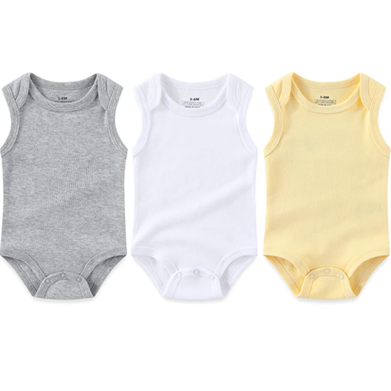 솔리드 컬러 3Pcs  소년 소녀 옷 100% 코튼 바디 슈트 민소매 조끼  소년 옷 여름 봉투 칼라