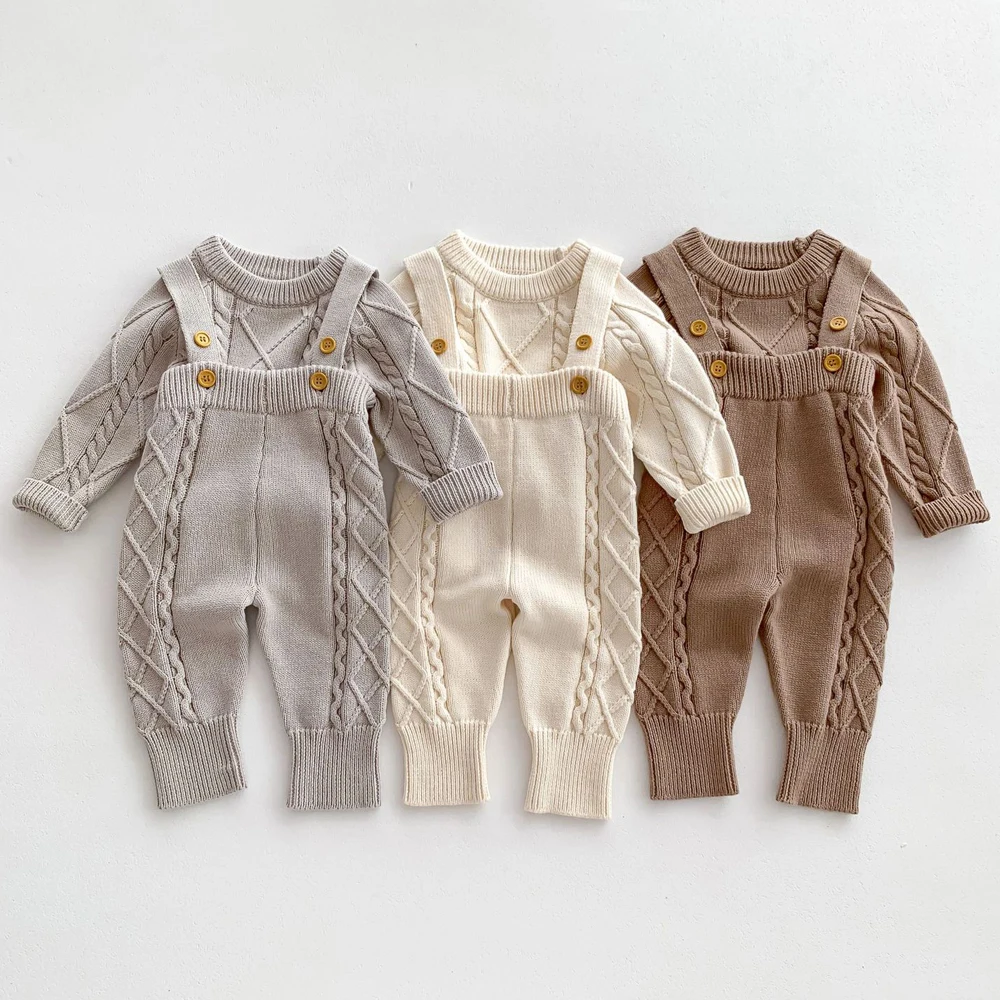 NewAutumnWinterBabyClothesSetKnittedInfantSweaterOveralls