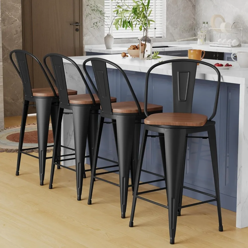 

Alunaune 24" Swivel Metal Bar Stools Set of 4 High Back Counter Height Barstools Industrial Dining Bar Chairs with Large