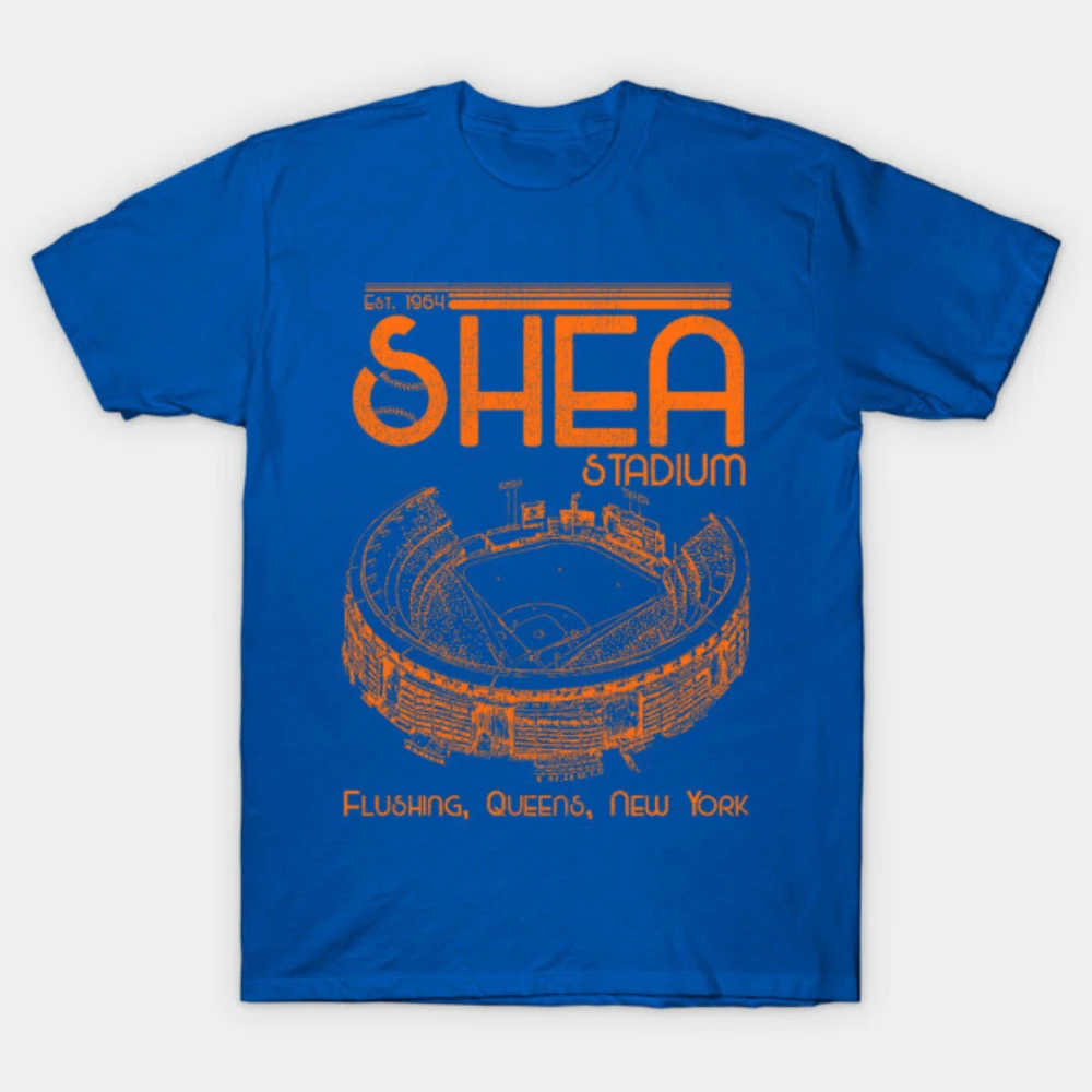 Herren- und Damen-T-Shirt aus Baumwolle im Vintage-Stil mit Shea-Stadion-Motiv, Retro 1964 New York Mets Baseball-Stadion-Skizze Grafik Blaues Freizeit-T-Shirt