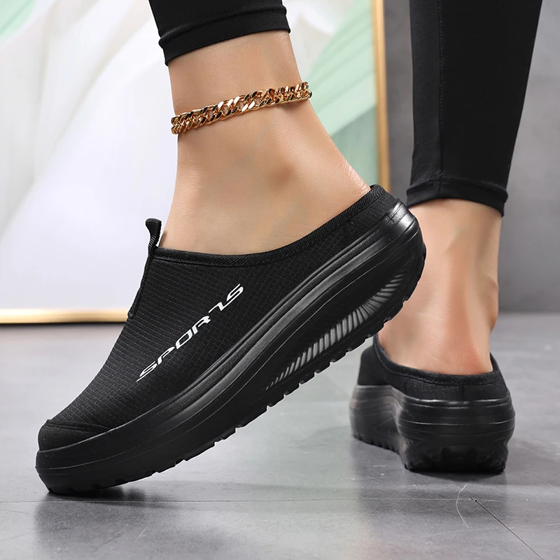 Women Half Slippers Spring and Autumn Casual Slip in Mesh Shoes Breathable and Lightweight Black Thick Soled Shoes Women's Sizes