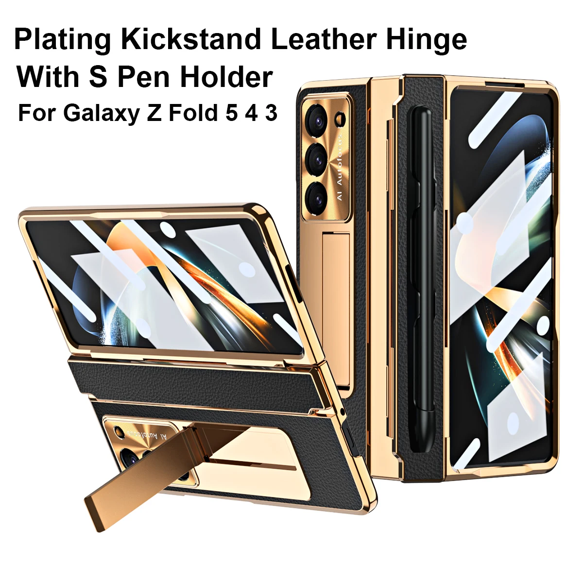 

For Samsung Galaxy Z Fold 5 Case Hinge Plating Kickstand Leather Cases Z Fold 4 3 With S Pen Holder 360 Full Protection Cover