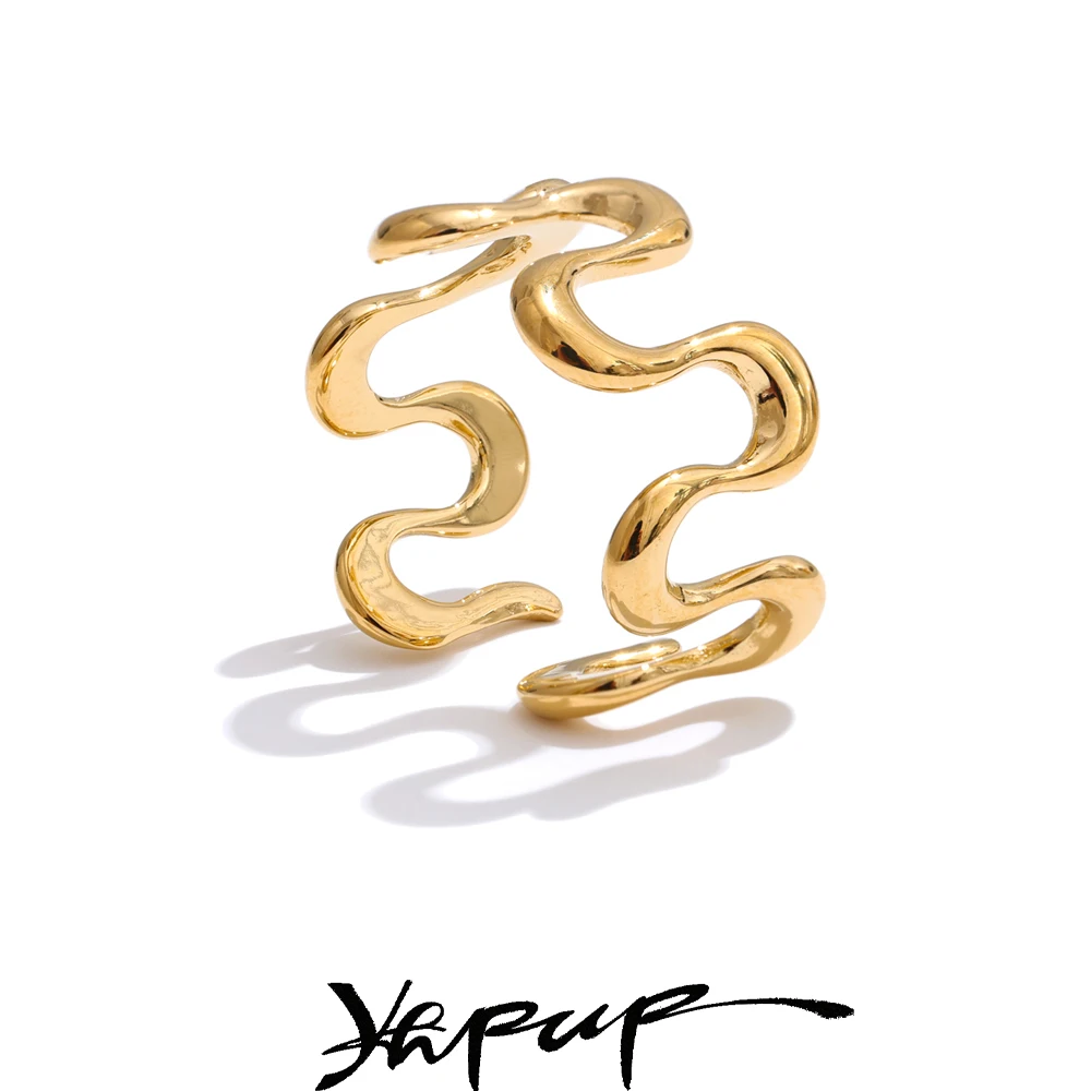 Yhpup Minimalist Stainless Steel Metal Irregular Open Adjustable Ring for Women