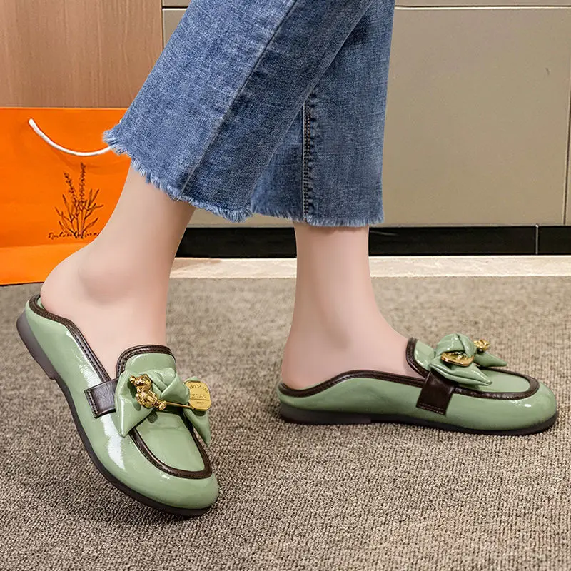 Green Round Toe Normal Leather Casual Ladies Summer Footwear Flats White Flat Shoes for Women 2023 Fashion Chic and Elegant Shoe