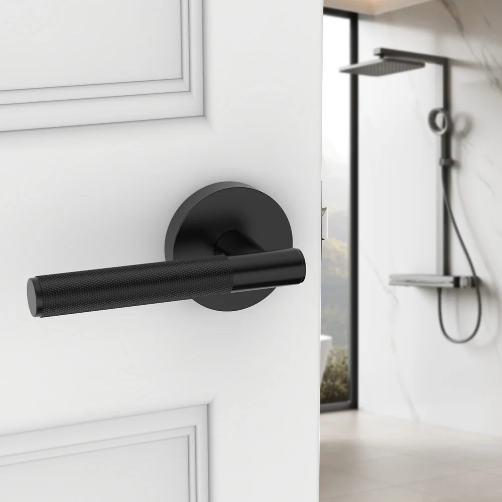 Viladepot Privacy Door Handle Knurled Handle Lever Matte Black Bedroom Bathroom Passage Door Lock Reversible Keyless