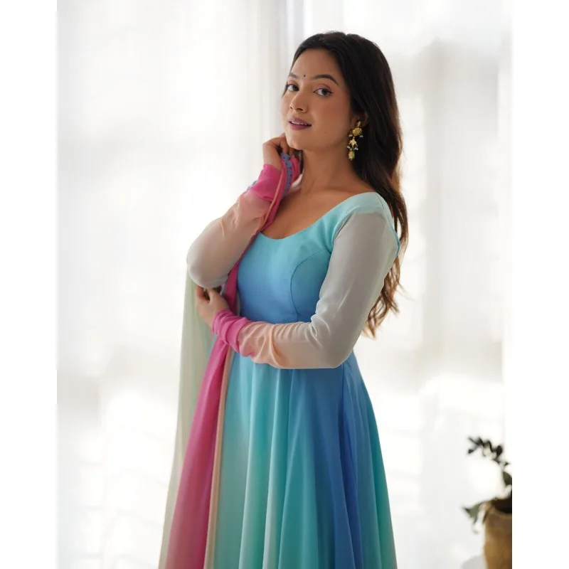 Pakistani Salwar Kameez Wedding Suit Blue Gradient Long Sleeved Round Neck Dress