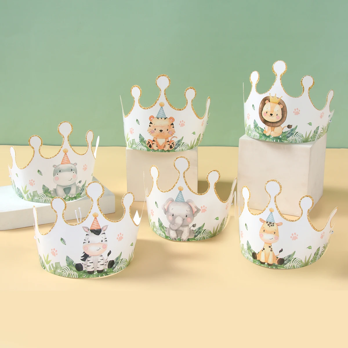 6pcs Cartoon Jungle Animal Party Paper Caps Crown Party Hats Gift For Kids Wild One Birthday Woodland Baby Shower Supplies party hat birthday crown