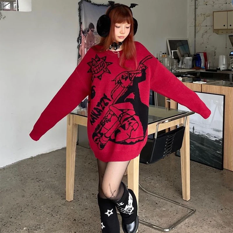Men Harajuku Oversized Knitted Sweater Cartoon Duck Goose Print main image 0