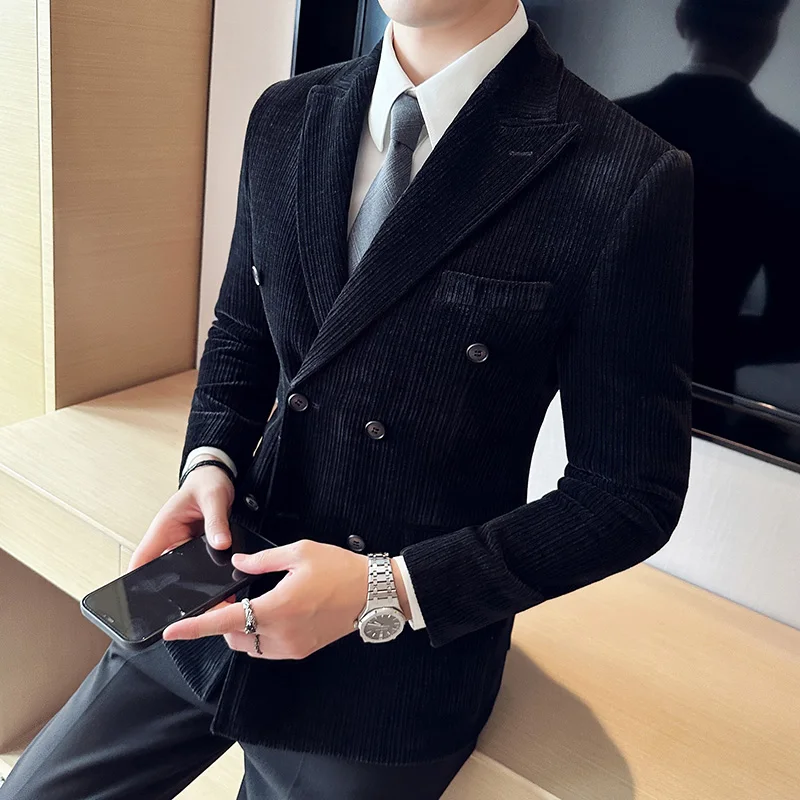 Men's double breasted slim fit suit jacket, business fashion solid color corduroy fabric, comfortable suit dress  blazers