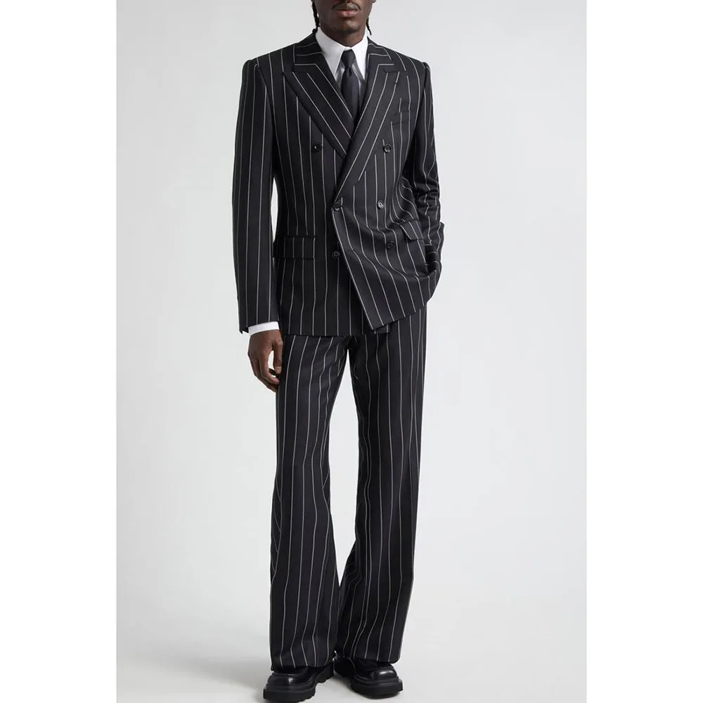 Black Men Suits Fashion Peak Lapel High Quality 2 Pieces Jacket Pants Double Breasted Prom Party Male Clothing Classic Business