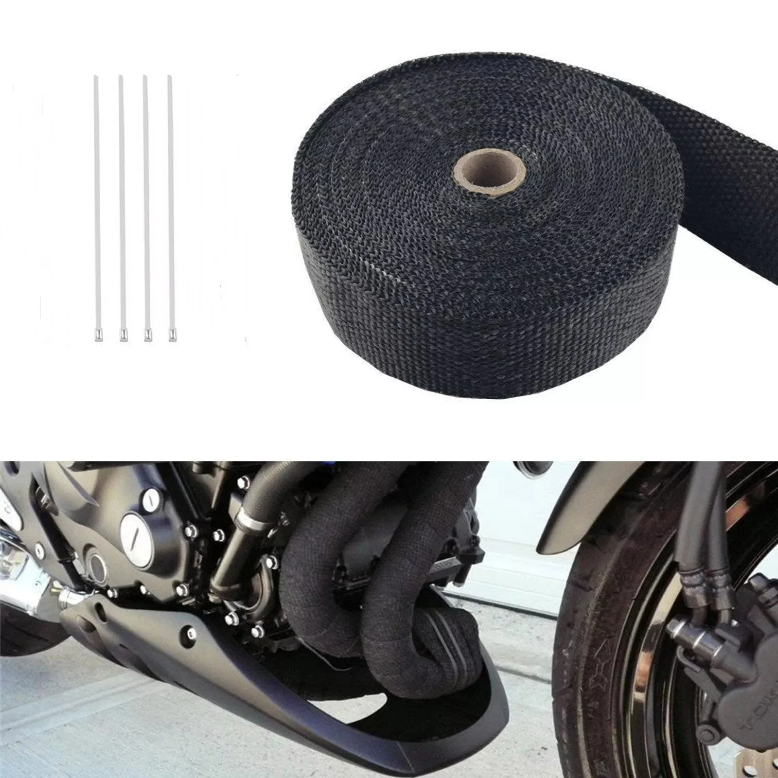 Fiberglass Heat Shield Motorcycle Exhaust Thermal Tape 5M Roll Header Pipe Heat Wrap with Stainless Ties