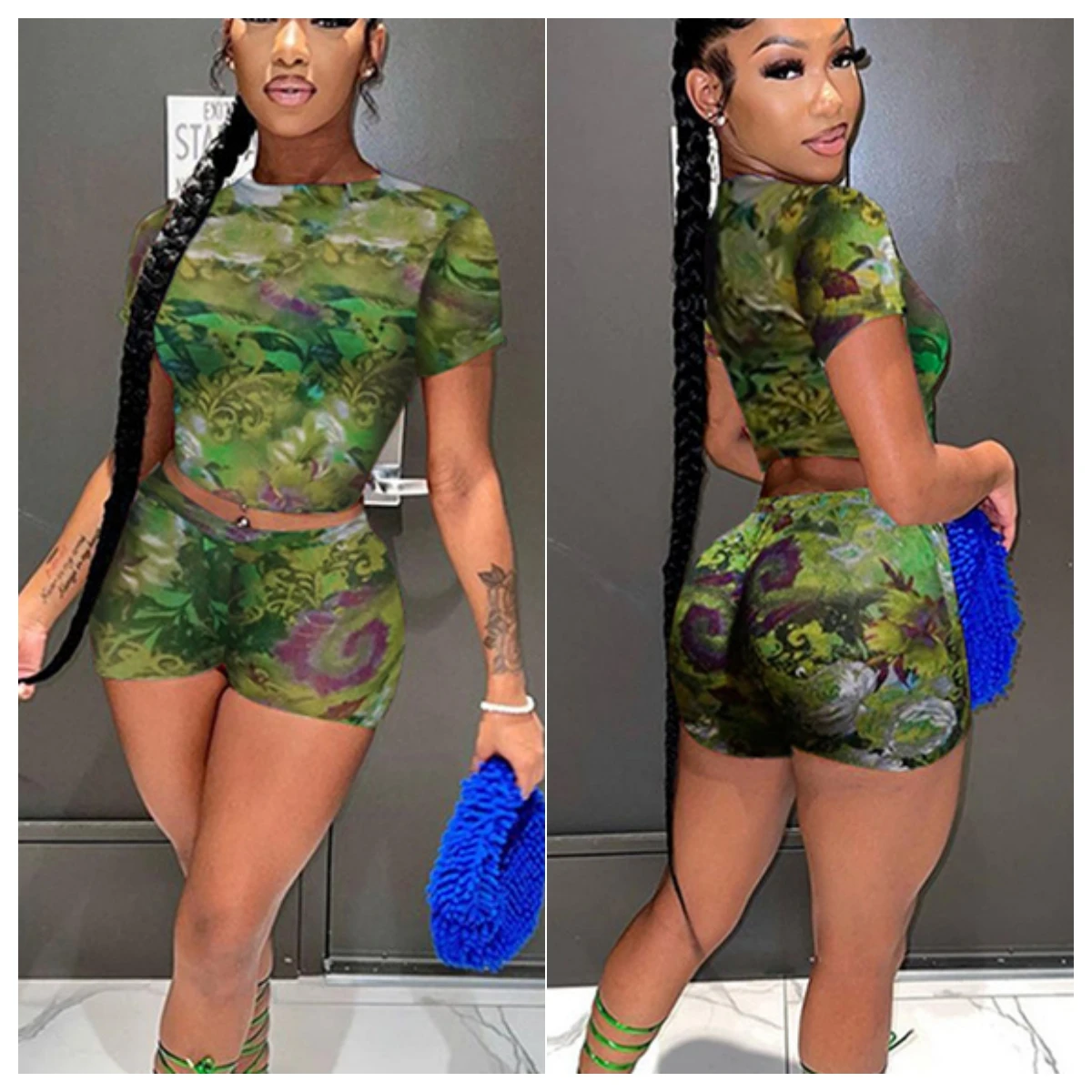 Tie Dye Print Sheer Mesh 2 Piece Set Tracksuits Women Summer Short Sleeve T-shirt Crop Tops And Shorts Casual Jogging Suits