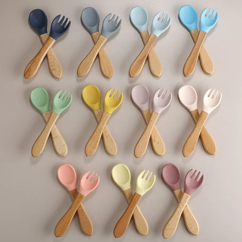 2pcs/set Food Grade Silicone Mini Fork Spoon For Baby Wooden Print Utensils  Set Feeding Spoon Learn To Eat Children's Tableware