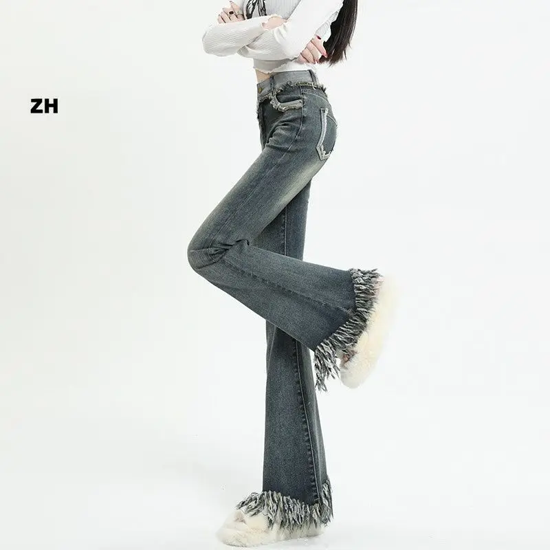 

Y2K Streetwear Hip Hop Vintage High Waist Skinny Ripped Jeans Woman Trousers Women Denim Wide-legged Kawaii Pants Bell Bottoms