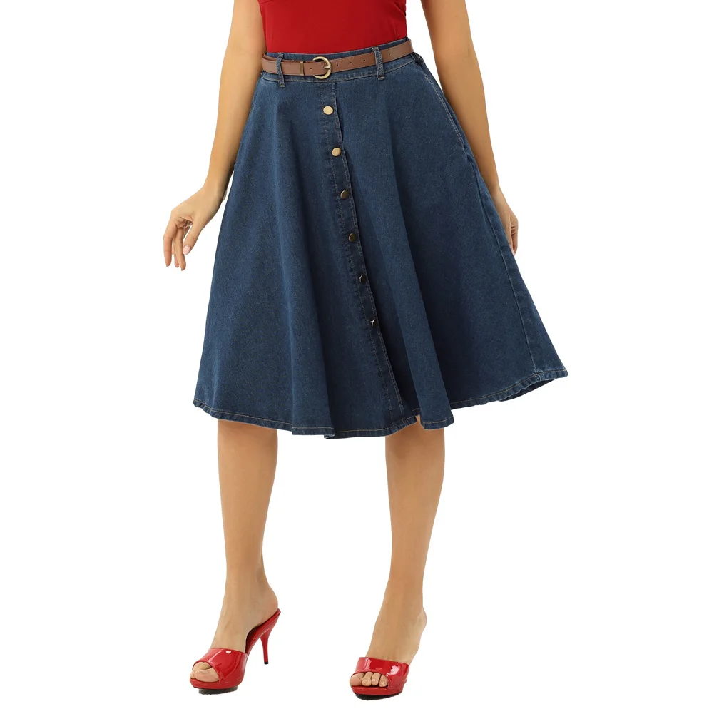 BP Women's Skirt Vintage Jean Midi Skirt With Belt Elastic High Waist A-Line Buttons Decorated Causal Elegant Woman Clothing