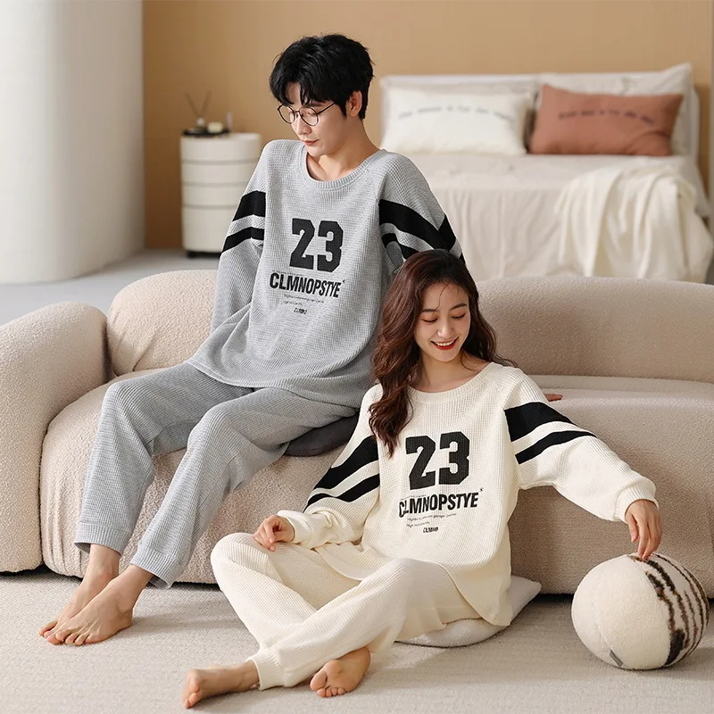 Autumn Winter Cotton Matching Couple Pajamas Men Sleepwear Women Homewear  Bedroom White Letter Pyjama Homme PJ Couple Pyjama Set - AliExpress