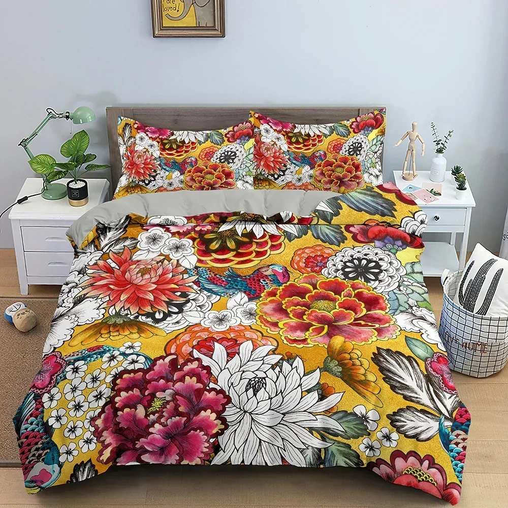 Vintage Flower King Queen Duvet Cover Peony Sunflower Bedding Set Tropical Floral Quilt Cover Boho Polyester Comforter Cover