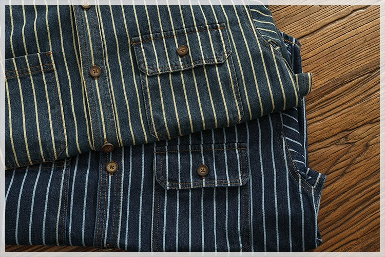 Heavy vertical stripe cargo denim shirt Men do old washed cotton elbow stick cloth lapel long sleeve shirt jacket