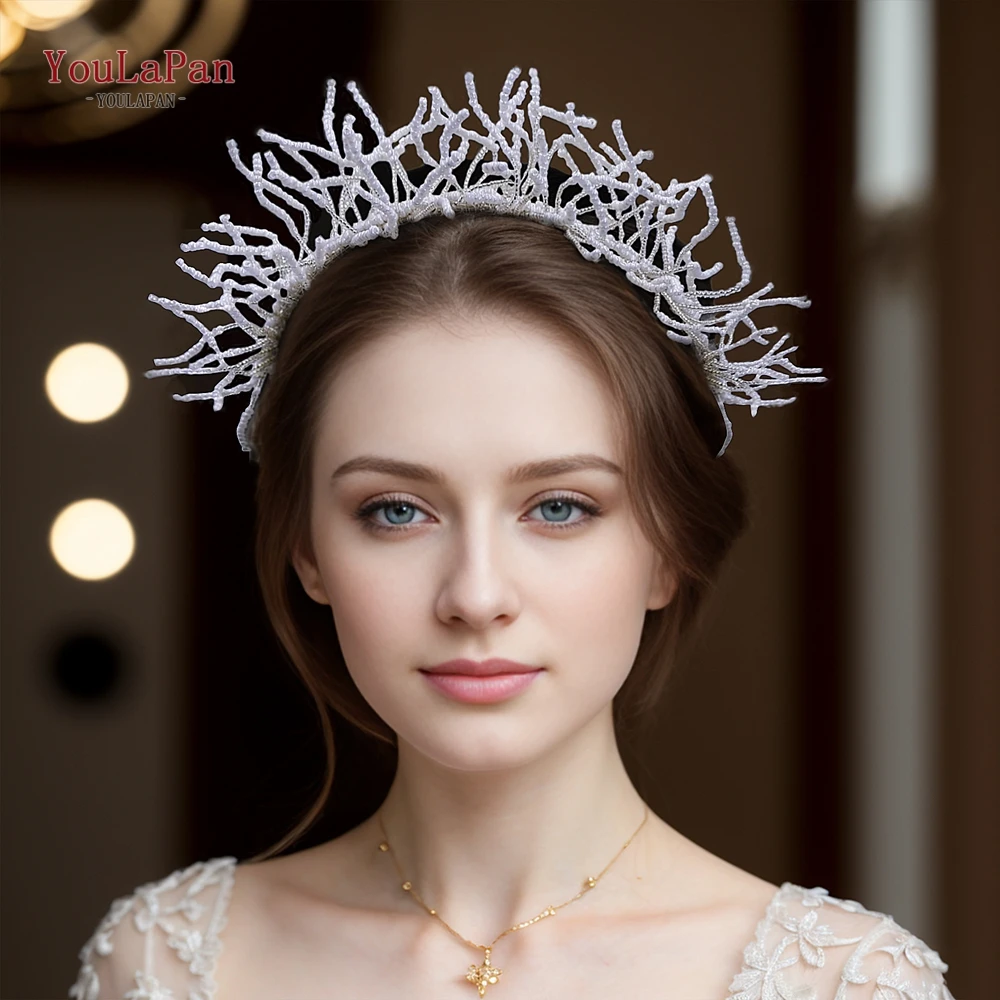 

Тиара TOPQUEEN Женская с белыми бусинами, свадебный головной убор ручного изготовления, свадебный аксессуар для волос, повязка на голову в подарок невесте, HP580