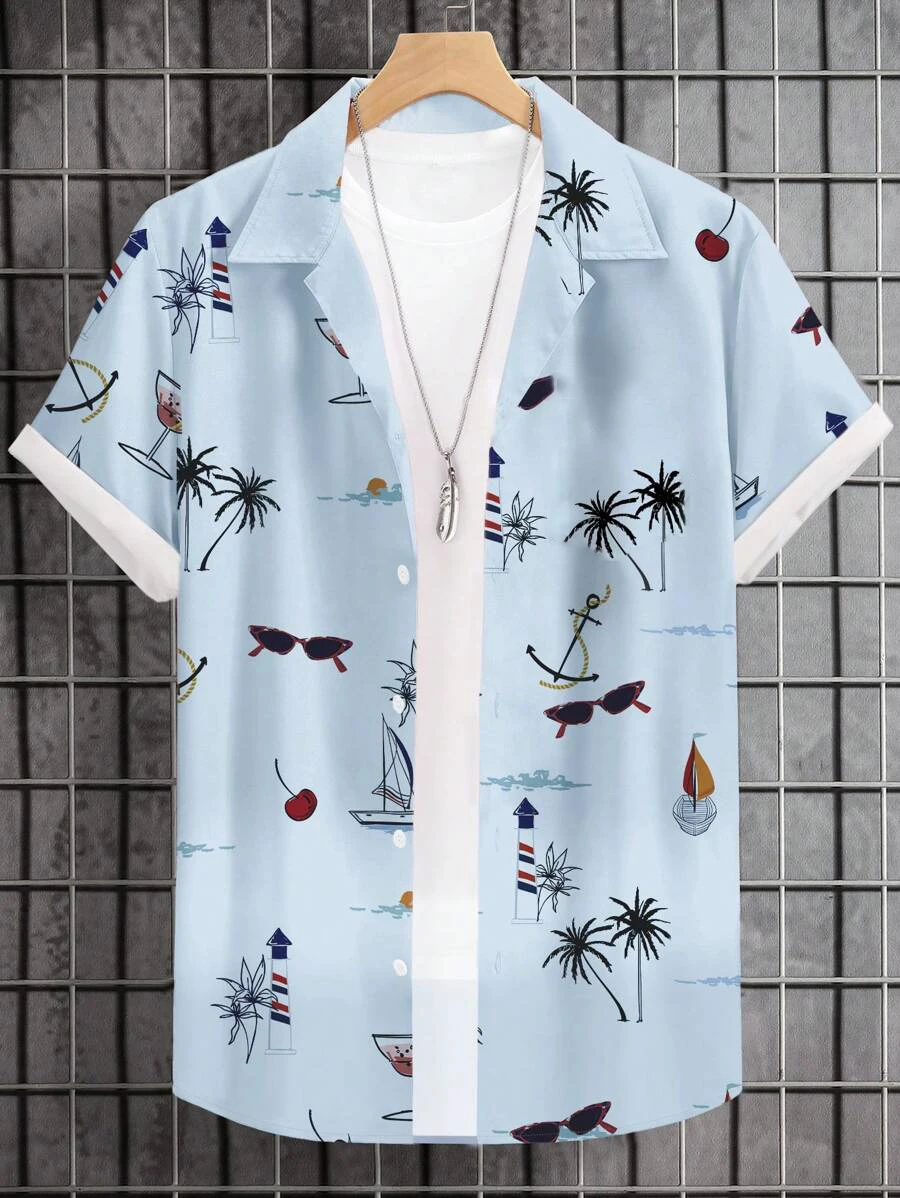 Men's Woven Fashion Casual Beach Surf Holiday Palm Tree Pattern Slim Fit Short Sleeve Shirt 5