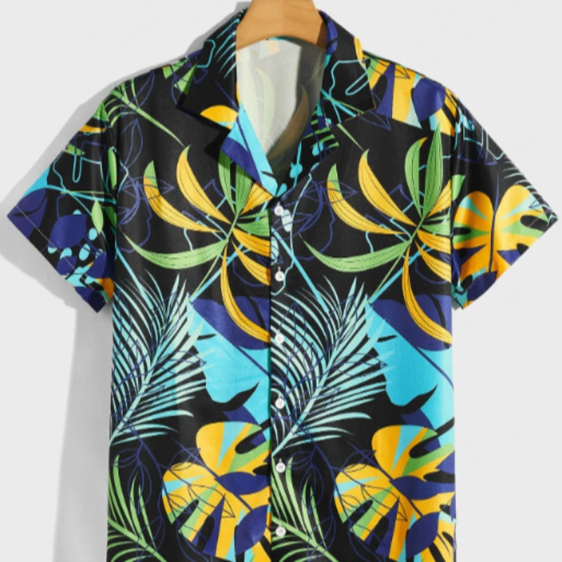 

Fashion Summer Hawaiian New Men Daily Shirt Broadleaf Print Pattern Casual Shirts Black Short Sleeve Beach Loose Tops Lapel