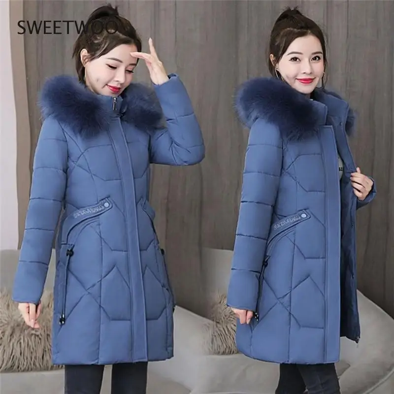 2020 New Winter Jacket Women Coat Fur Collar Hooded Thick Parkas Warm Cotton Padded Jacket Female Long Parka Outwear
