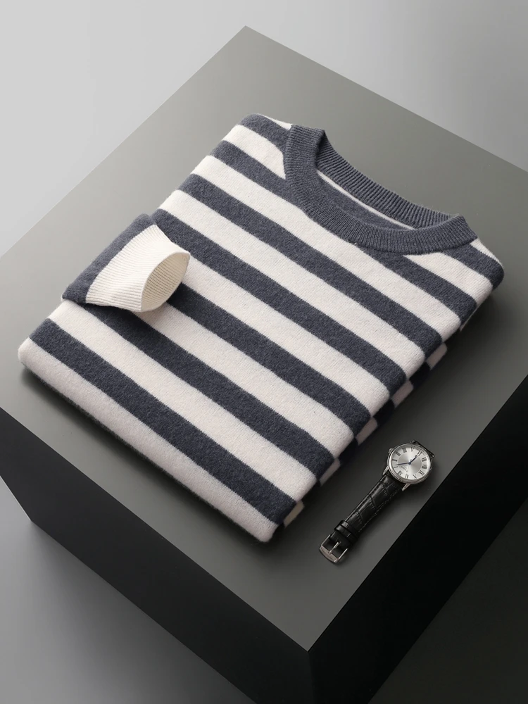 2024 Spring Autumn Men's Sweater 100% Merino Wool  Striped O-Neck Pullovers Knitwear Casual Tops Loose Large Size Men Shirt S-3X