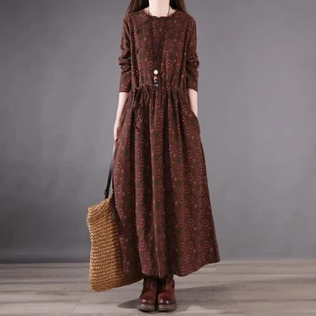 Cotton and linen floral dress women's spring autumn 2024 new retro printed casual long sleeved Dress With pockets 1