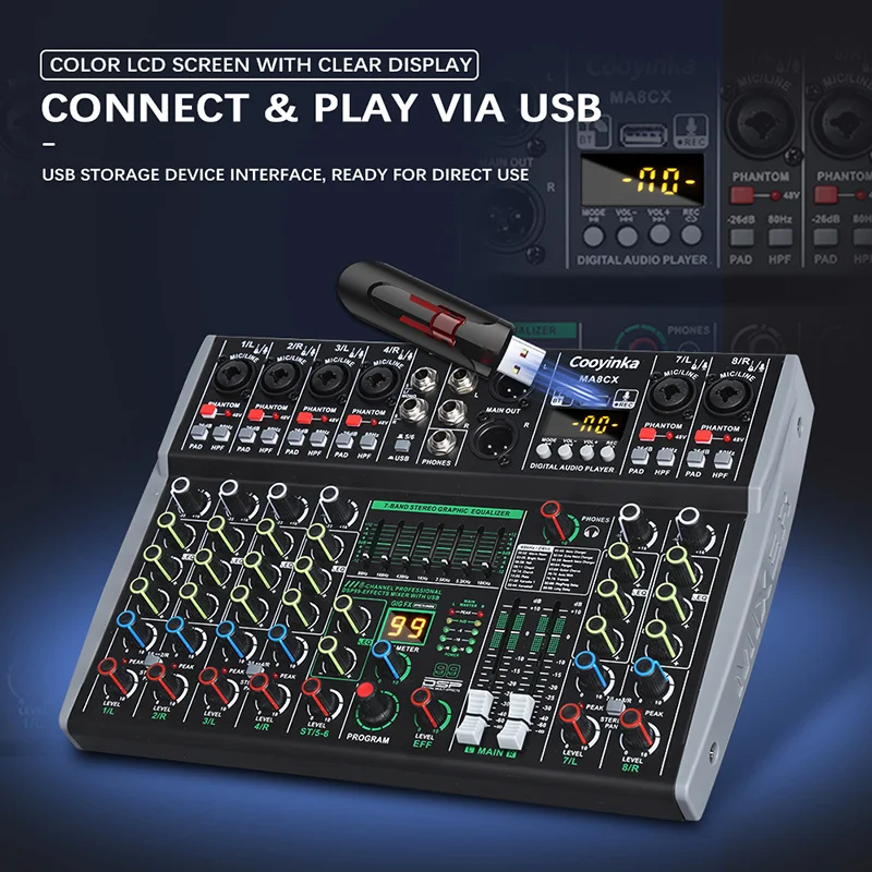 8채널 믹싱 콘솔 48V 99 DSP 이펙트 블루투스 로메호 오디오 DJ 믹서 USB PC 재생 녹음 팟캐스트 사운드 테이블