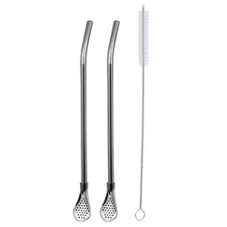 Stainless Steel Reusable Stirring Spoons with Filter and Cleaning Brush (2 straws 1 brush)