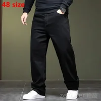 Haute élasticité printemps automne grande taille jeans noirs jeans droits hommes plus grande taille jeunesse élastique pantalons longs 44 46 48 1