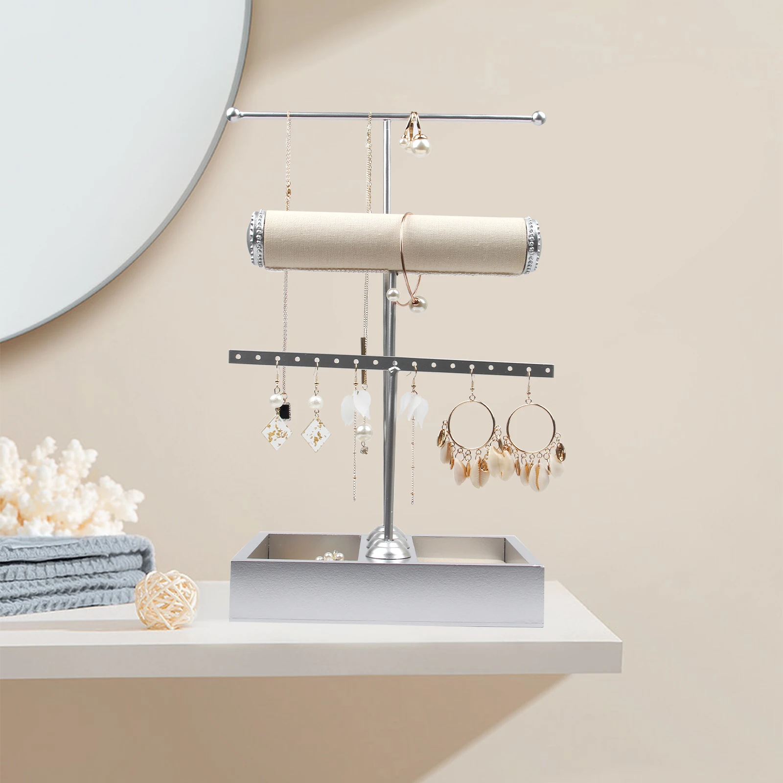 3 Tier Jewelry Stand Displaying Bracelet Watch with Metal Drawer Jewelry Stand Tower Showcase Rack Earing Necklace T-bar Holder