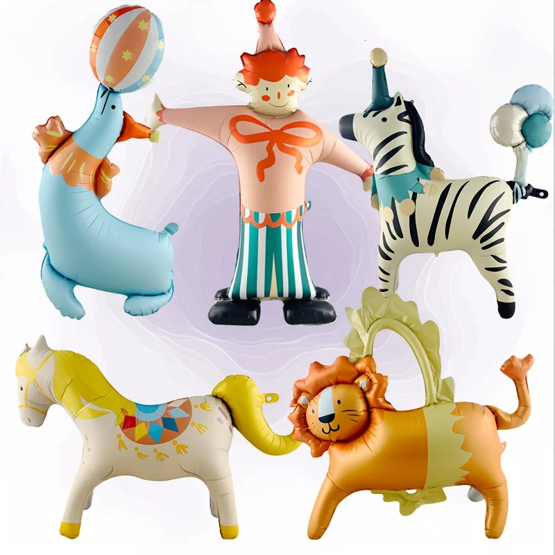 Zirkus-Joker-Thema, stehend, Zebra-Löwe, Aluminium-Ballon, blaue Gänseblümchen-Blume, Geburtstag, Jahrestag, Mottoparty, Heimdekoration, Geschenk