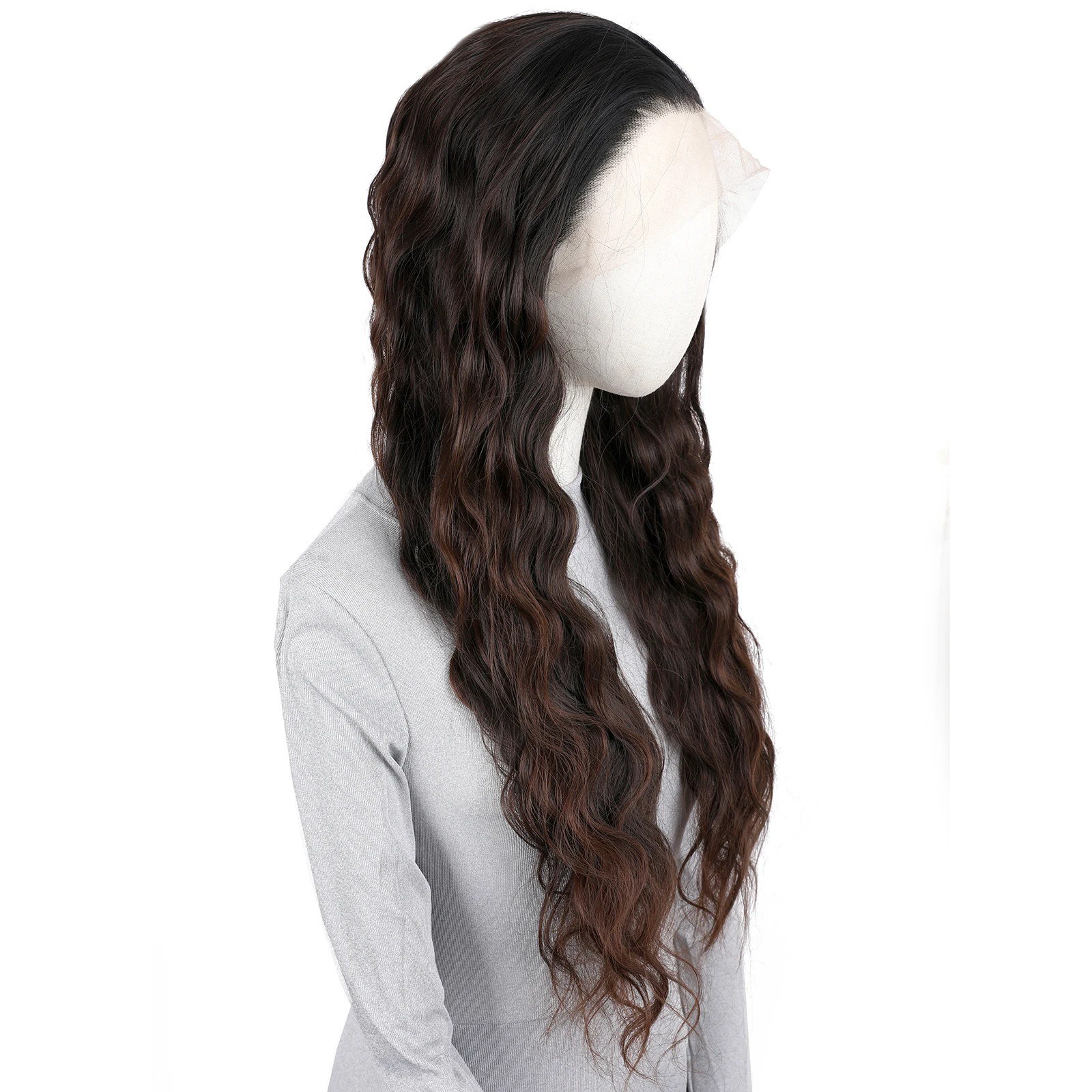 Black Ombre Brown Long Wavy Lace Front Synthetic Wig Pre Plucked Natural Hairline Glueless Heat Resistant Fiber Hair for Women
