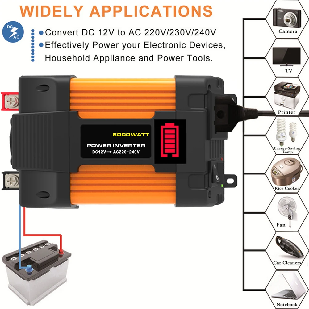 

Any 12V Power Output Vehicle. Battery Clip Car Power Inverter 6000W Peaks Power Dual USB Ports LED Bettery Dispaly