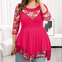 Plus Size Women's Solid Lace 3/4 Sleeve Tunic Tops Spring Autumn Ladies Round Neck Casual Pullover T Shirts Tee Size 1XL-6XL