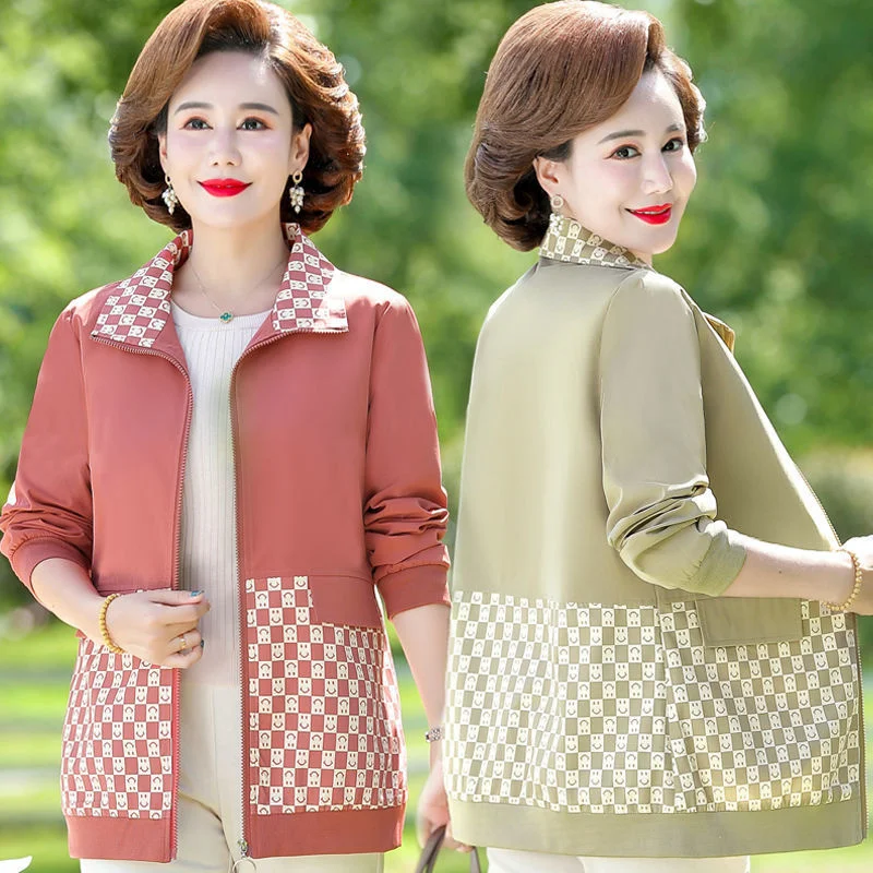 

Jacket Women 2022 Spring Autumn New Outwear Middle-Aged Ladies Windbreaker Short Loose Coat Stitching Printed Jackets Female Top