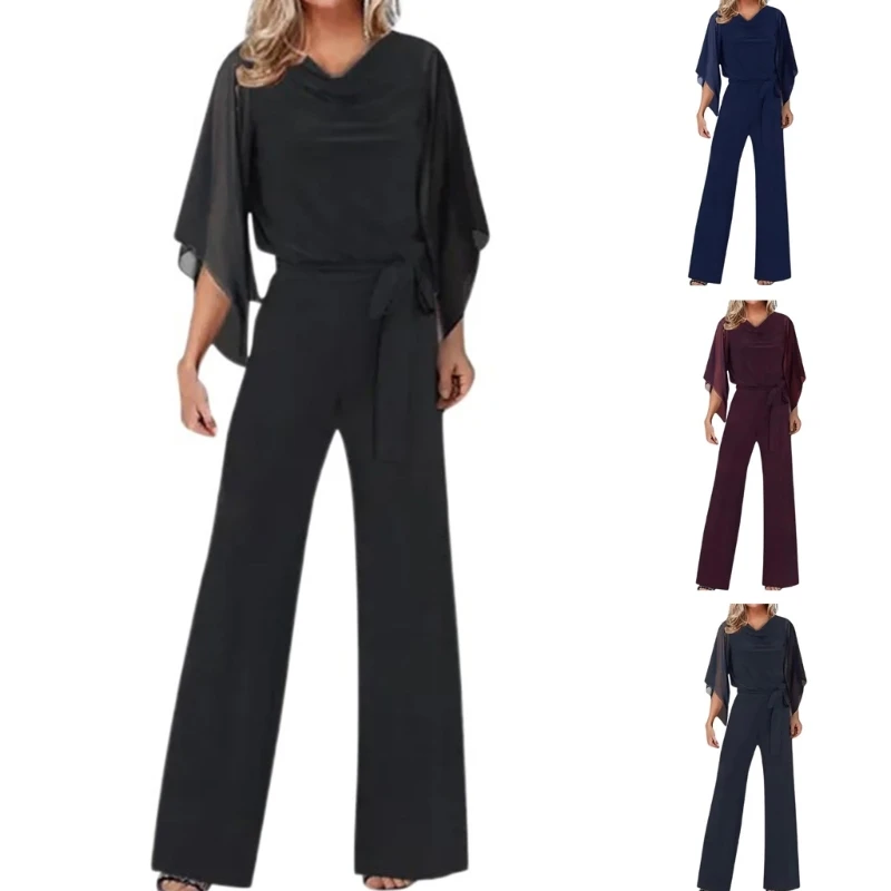 

50JB Women Summer Plain Jumpsuit Flared 3/4 Sleeve Belted Waist Wide Leg Long Romper