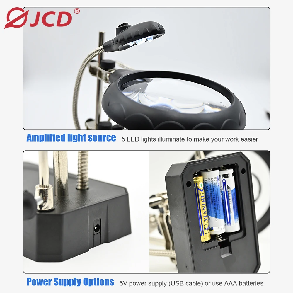 JCD Welding Magnifying Glass LED Light Auxiliary Clip Loupe Magnifier 3 In1 Hand