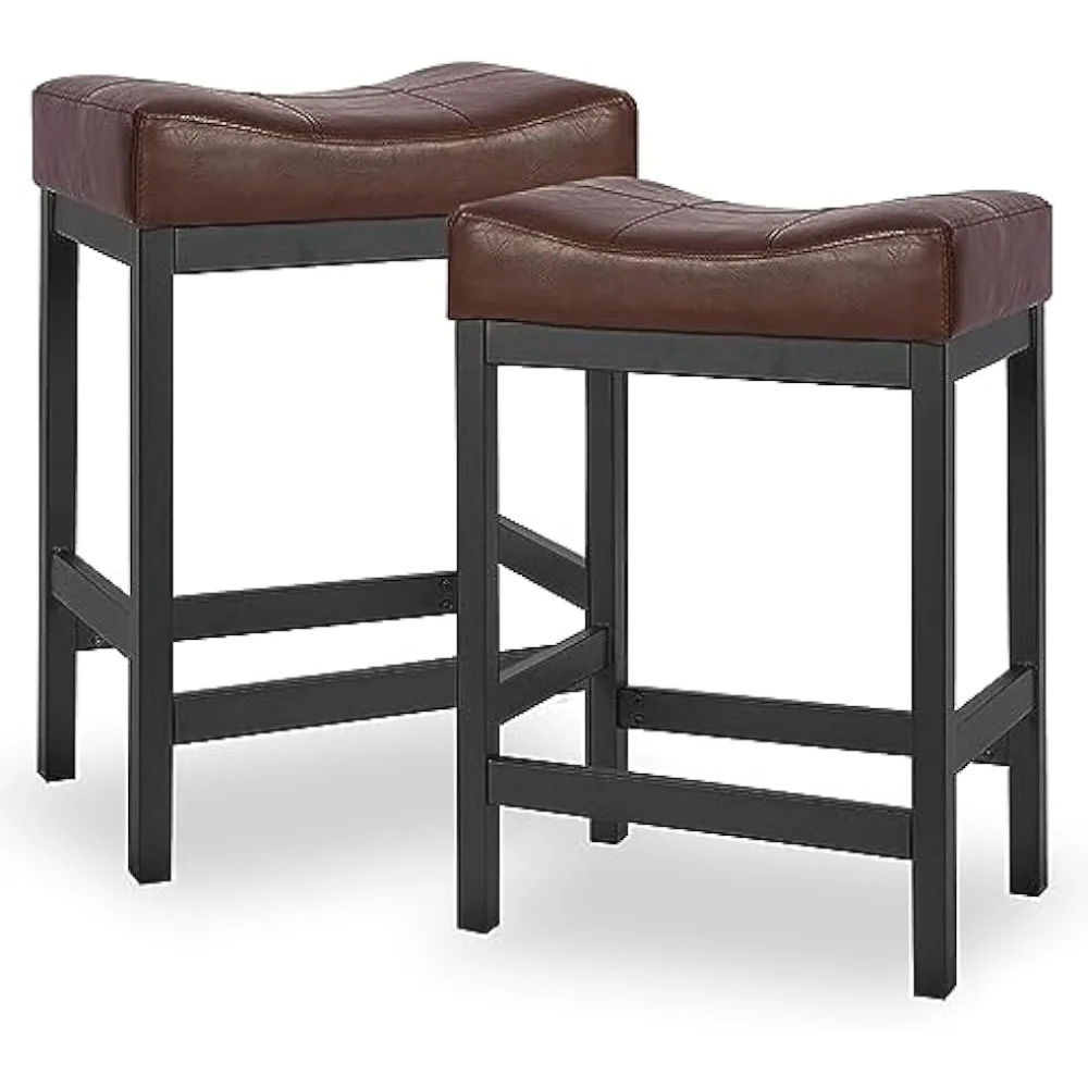 

KATDANS Bar Stools Set of 2, Counter Height Stools 24 Inch Saddle Stools, PU Leather Modern Kitchen Barstools with Metal Base