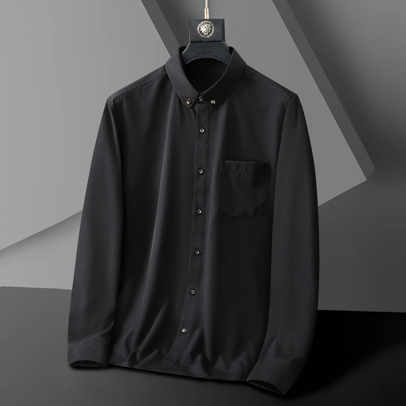 

2024 New Korean Fashion Shirts for Men Solid Color Tops Long Sleeve Smart Casual Clothing Comfortable Button Up Blouses E48
