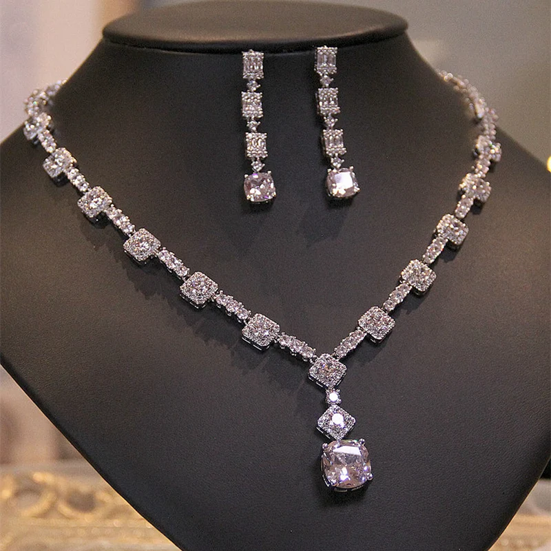 

CC Wedding Jewelry Sets For Women White Gold Plated Silver Color Necklace And Earrings Set Fashion Bridal Party Accessories