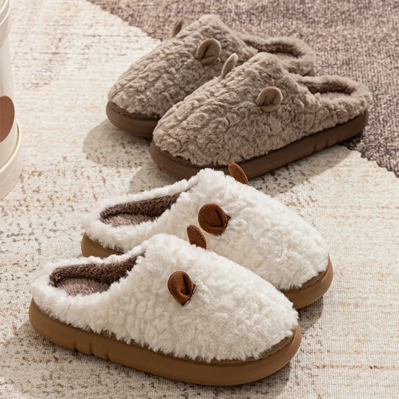 Sweet Soft Sole Plush Slippers Women Winter Cute Thick Bottom Flurry Slippers Woman Indoor Warm Anti Slip Home Shoes Ladies