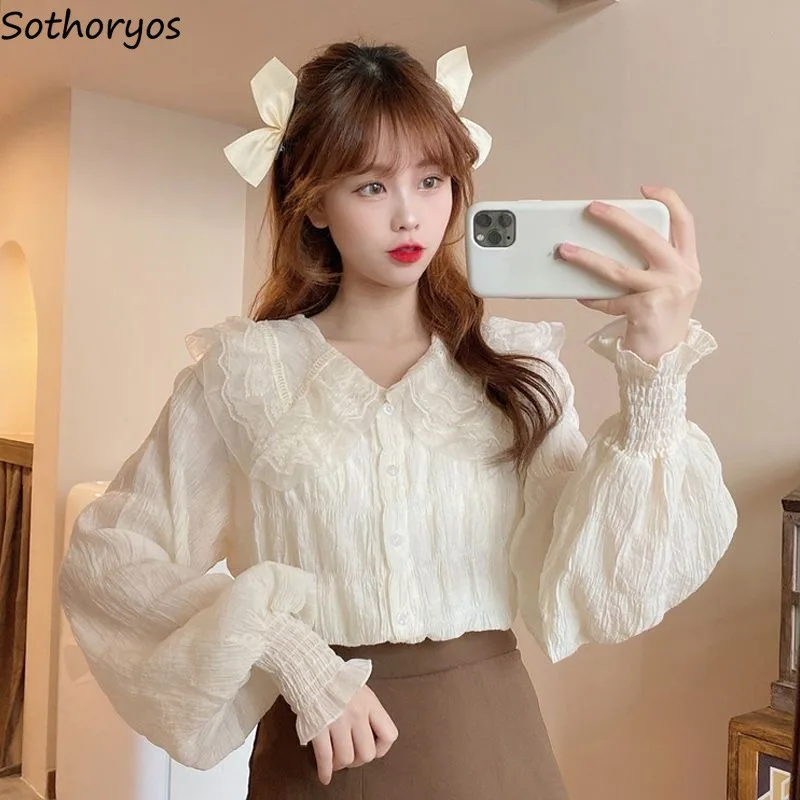 

Shirts Women Solid Sweet All-match Korean Style Creativity Fashion Elegant Prevalent Ladies Ruffles Simple Autumn Age-reducing