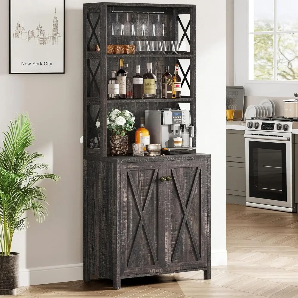 Wine Cabinet, 67" Tall Kitchen Storage Cabinet with Wine Rack, Open Storage Rack, Farmhouse Kitchen Cabinet with Wooden