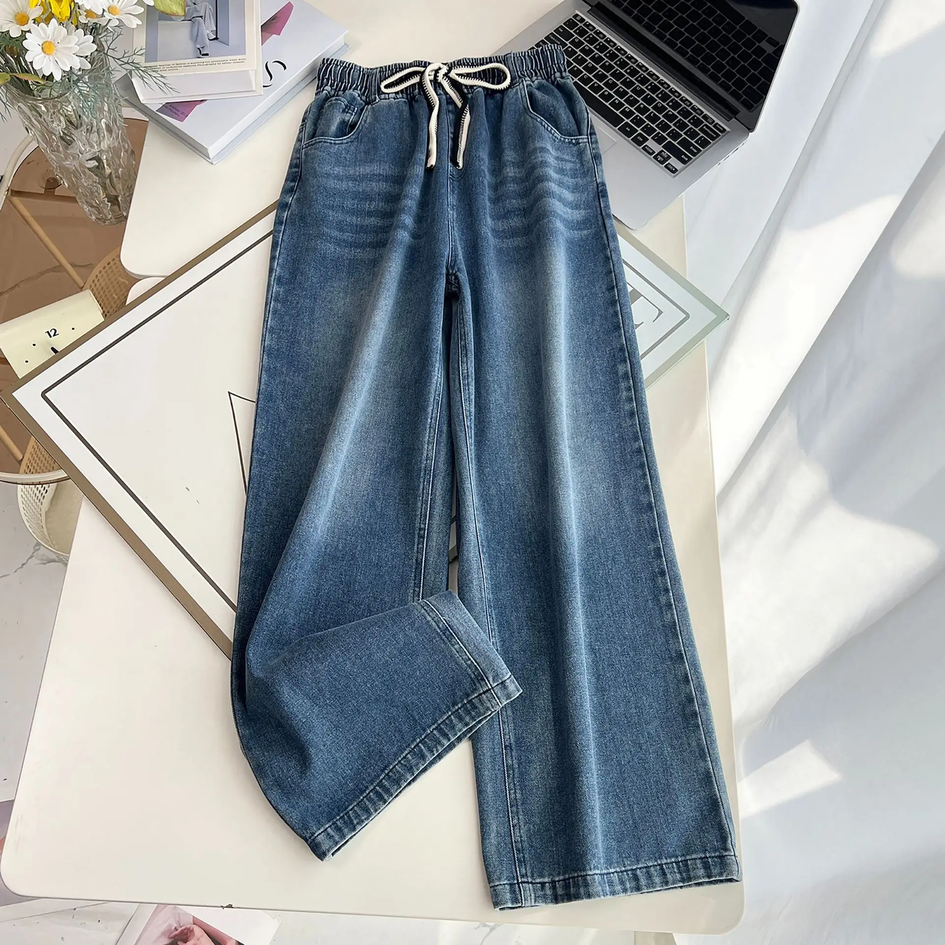 XXXXL Fashion Plus Size Women's Straight Jeans 2025 Autumn Casual Two Color Drawstring Waist Wide Leg Full Length Pants 774